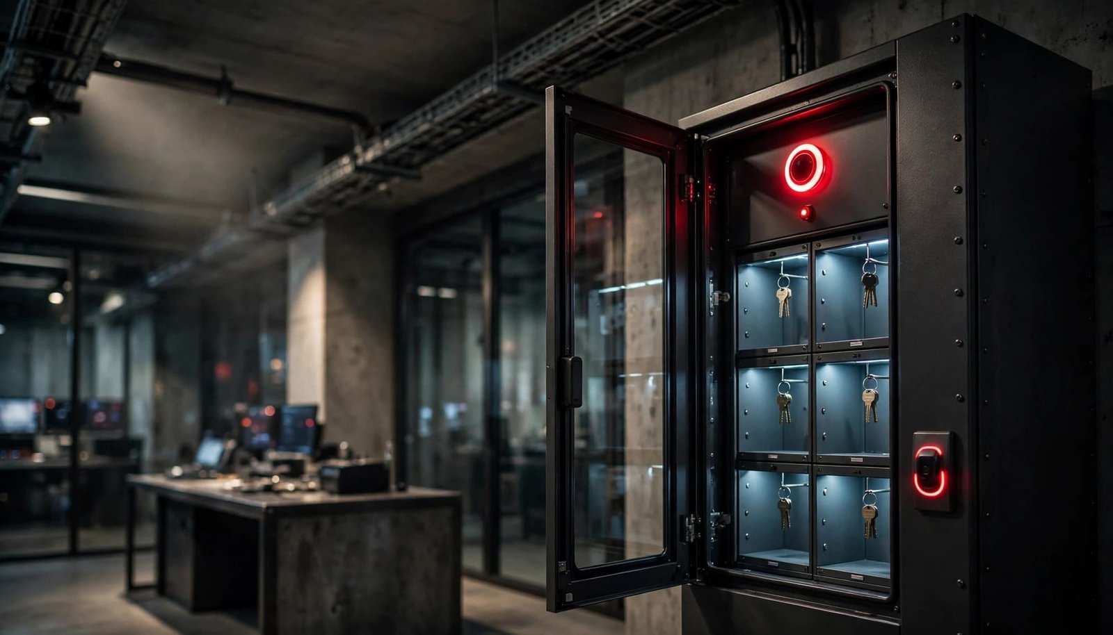 A secure key cabinet with illuminated compartments and blurred security monitors behind it.
