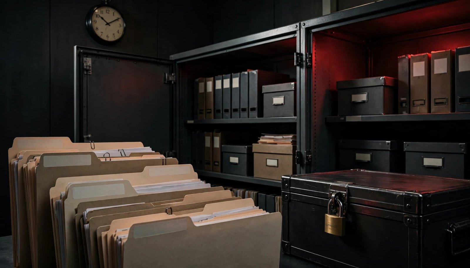 Folders, an archive cabinet, clock, and locked storage box in a dark records room.