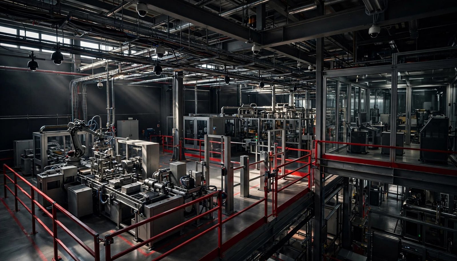 Robotic machinery behind red barriers in a secure industrial plant with overhead cameras.