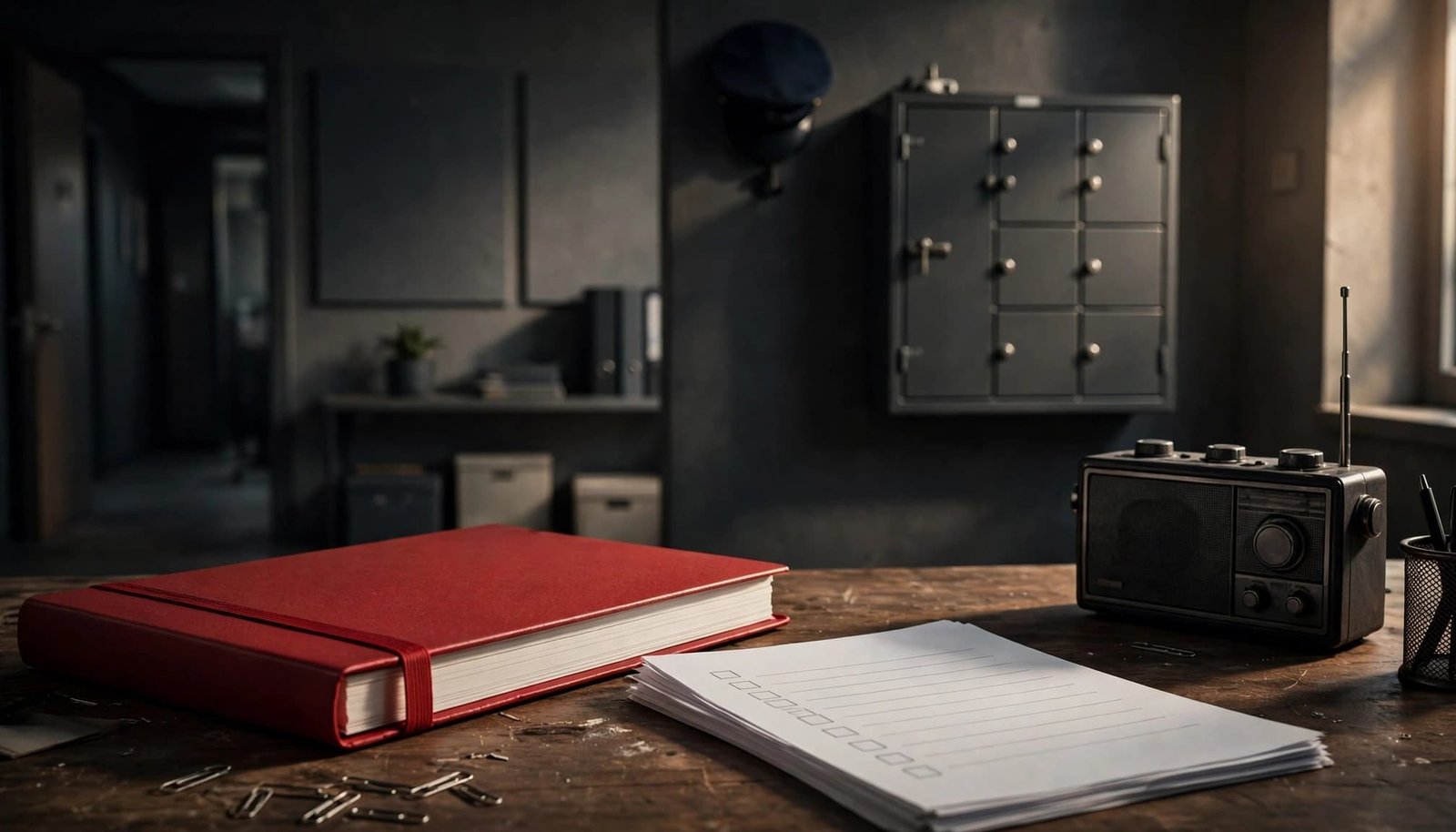 An audit folder, blank checklist pages, key cabinet, and radio in an empty security office.