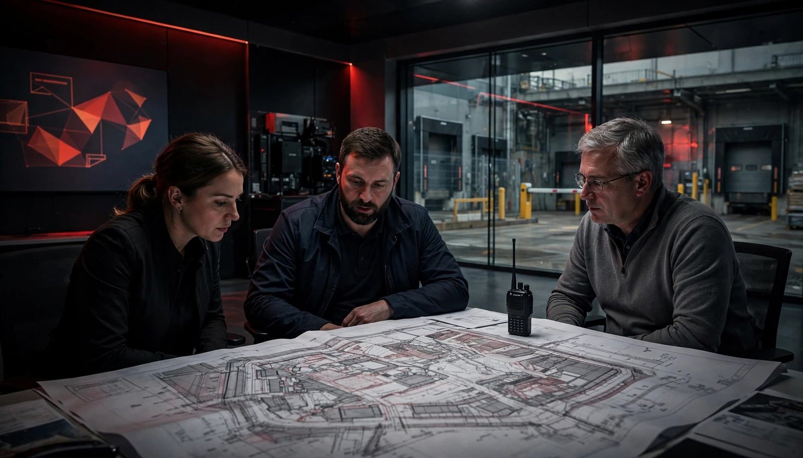 Three leaders review a site plan beside a radio in a control room.
