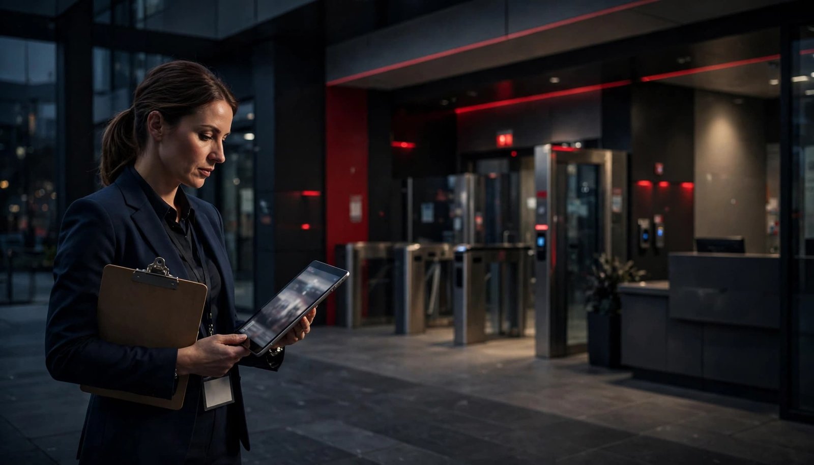Facilities manager reviewing security performance beside office access gates.