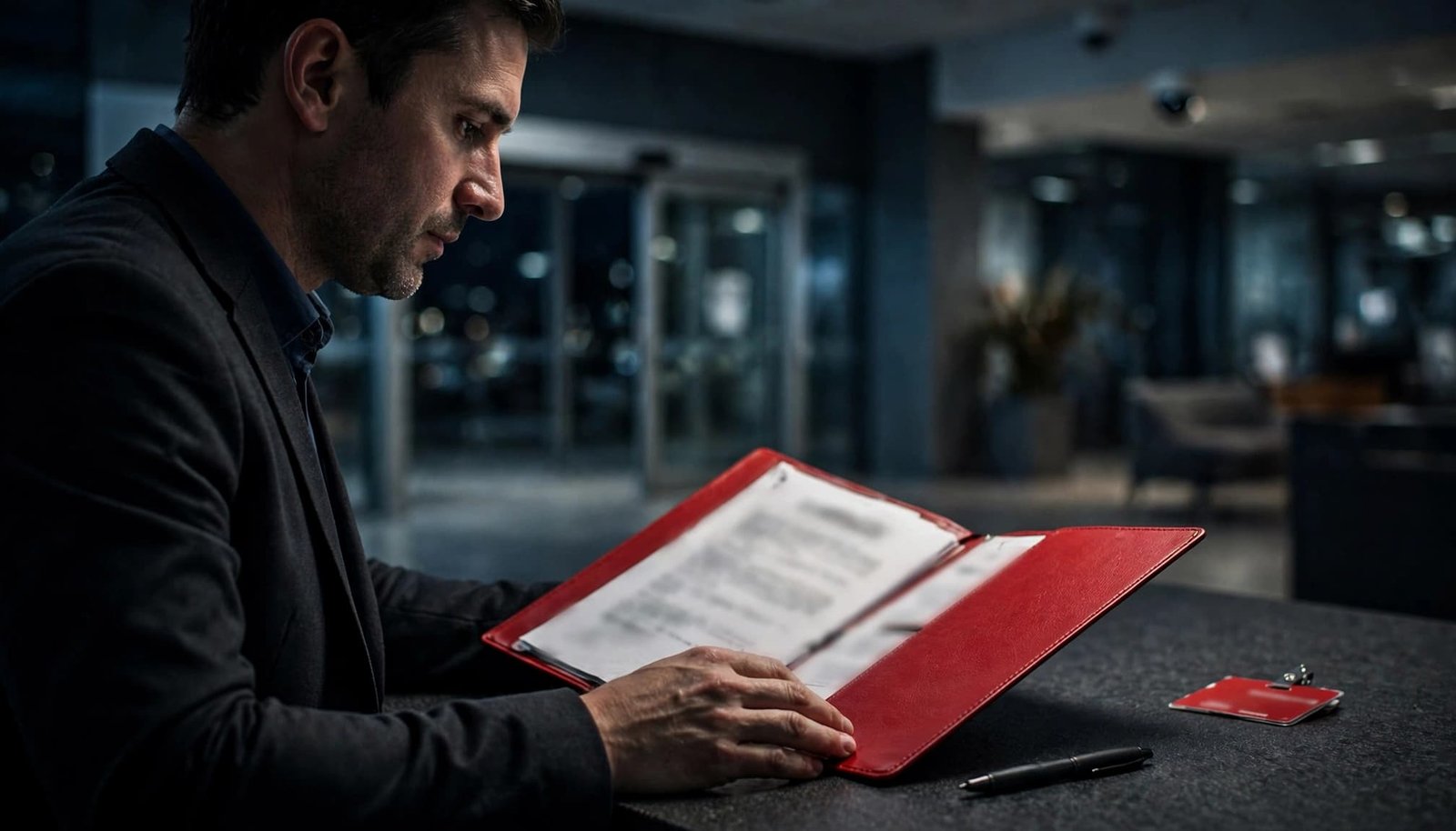 A facilities manager reviews papers beside a pen and access badge at a dim reception desk.