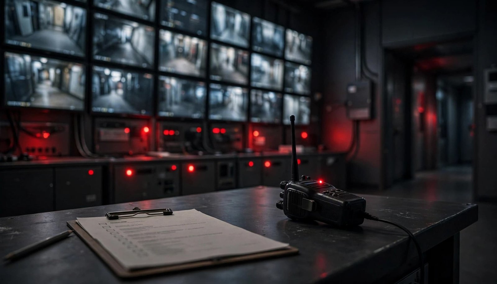 Empty security room with a checklist, radio, and glowing monitoring screens.