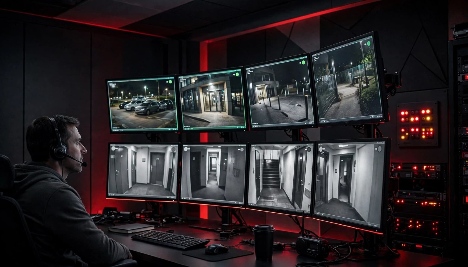 A security operator watches CCTV screens and an alert panel in a dark control room.