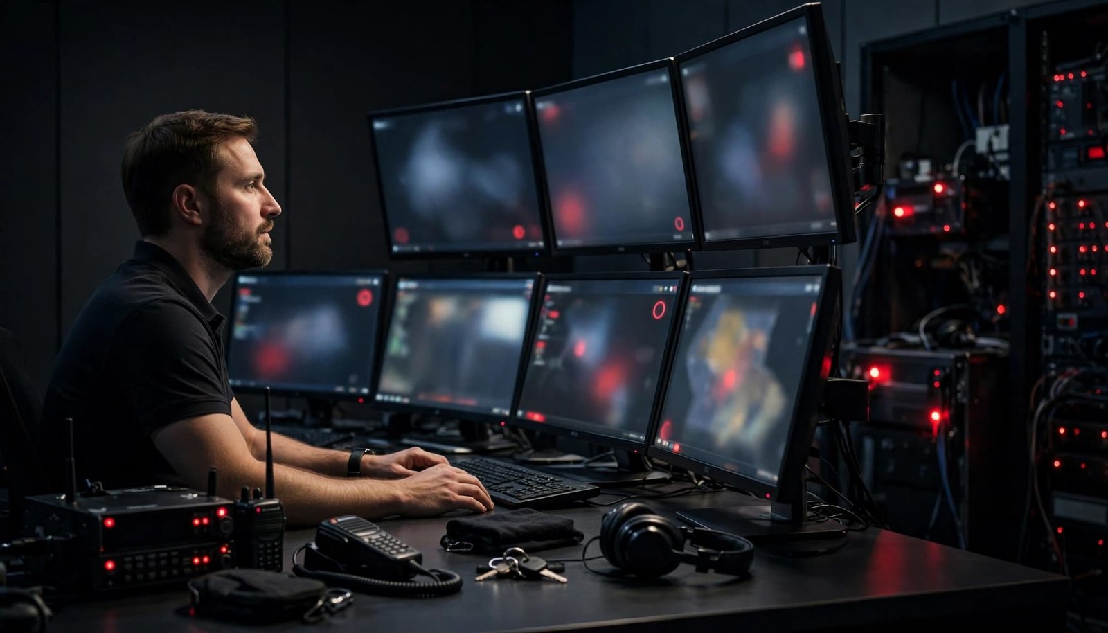 Manager monitoring angled screens in a dark security control room with red indicator lights.