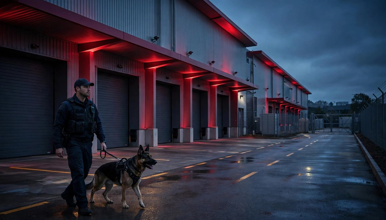 A handler and security dog patrol beside a warehouse at dusk.