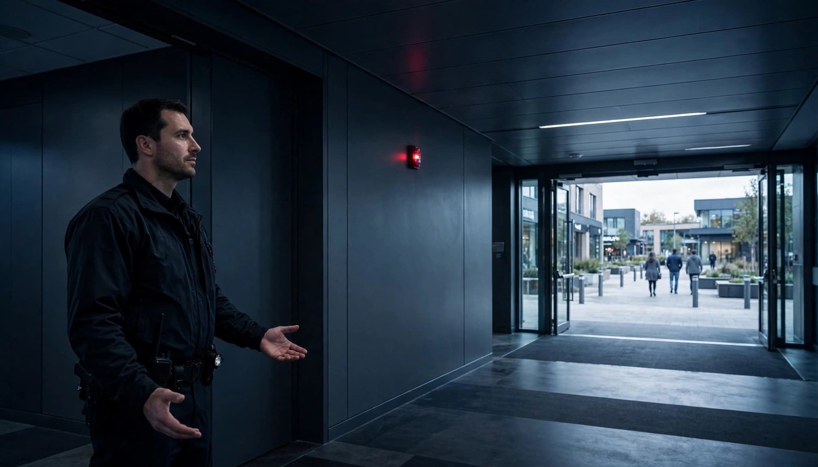 A security guard directs people toward an outdoor assembly area from an office corridor.