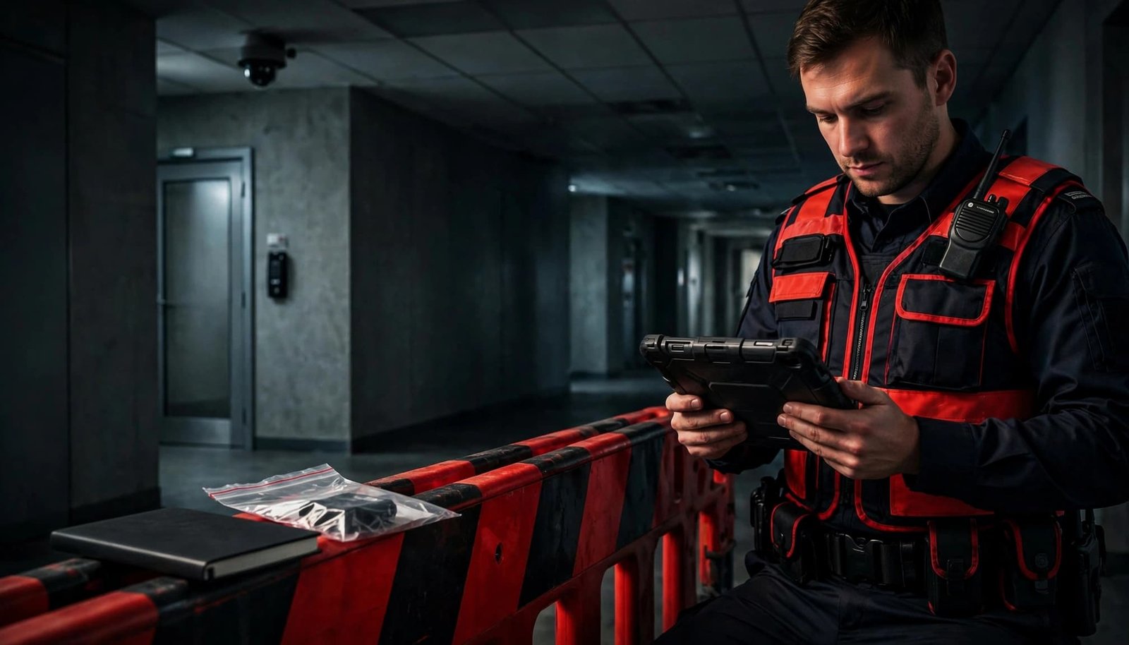 A security officer records an incident on a tablet beside evidence items in an empty corridor.