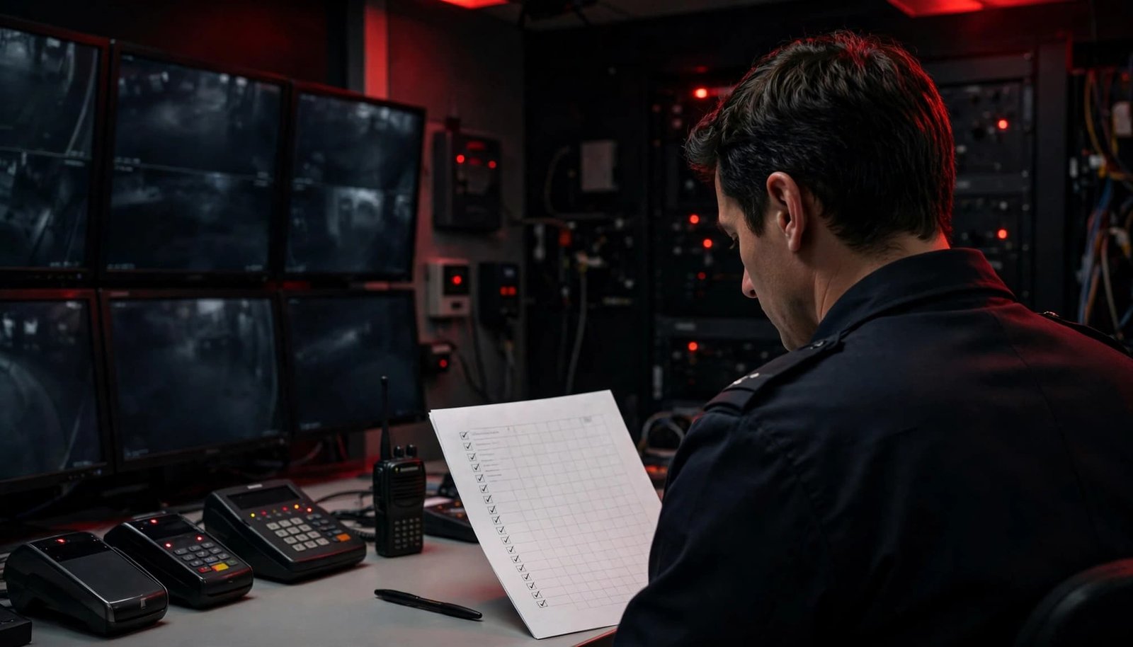 Security manager reviewing a paper log beside CCTV monitors and access-control equipment.