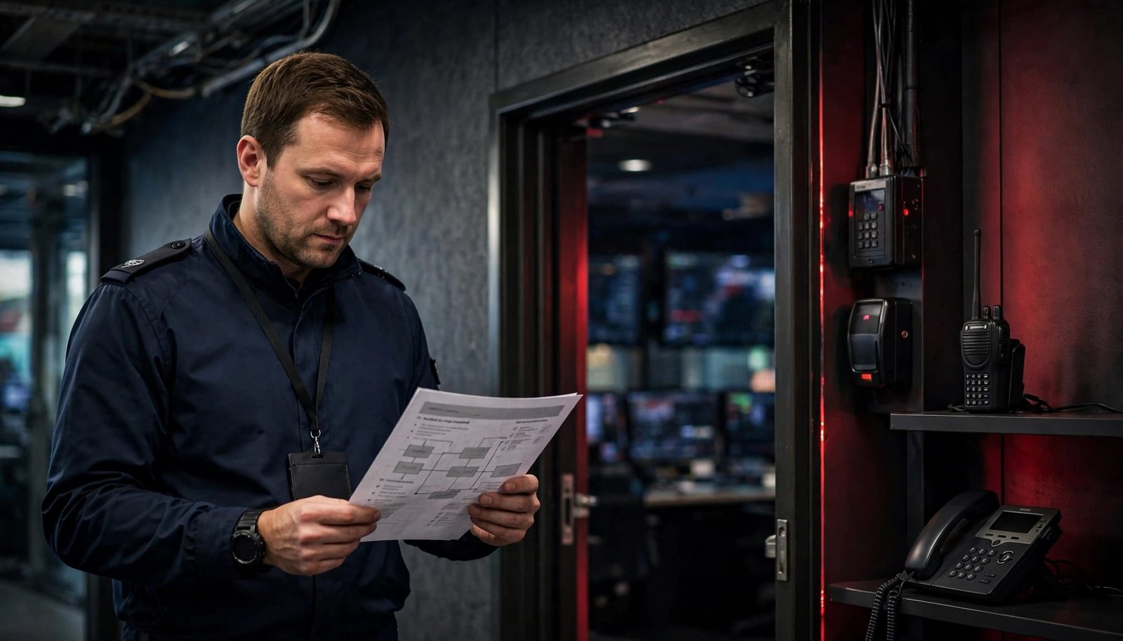 A security manager reviews an incident board beside a control room doorway.