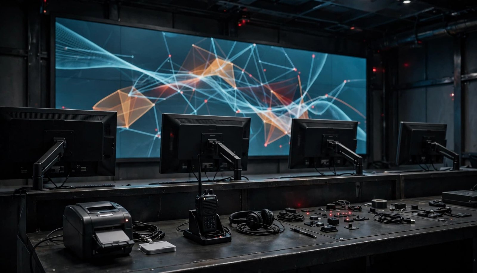 Empty security room with monitors, a badge printer, radio, and illuminated wall display.