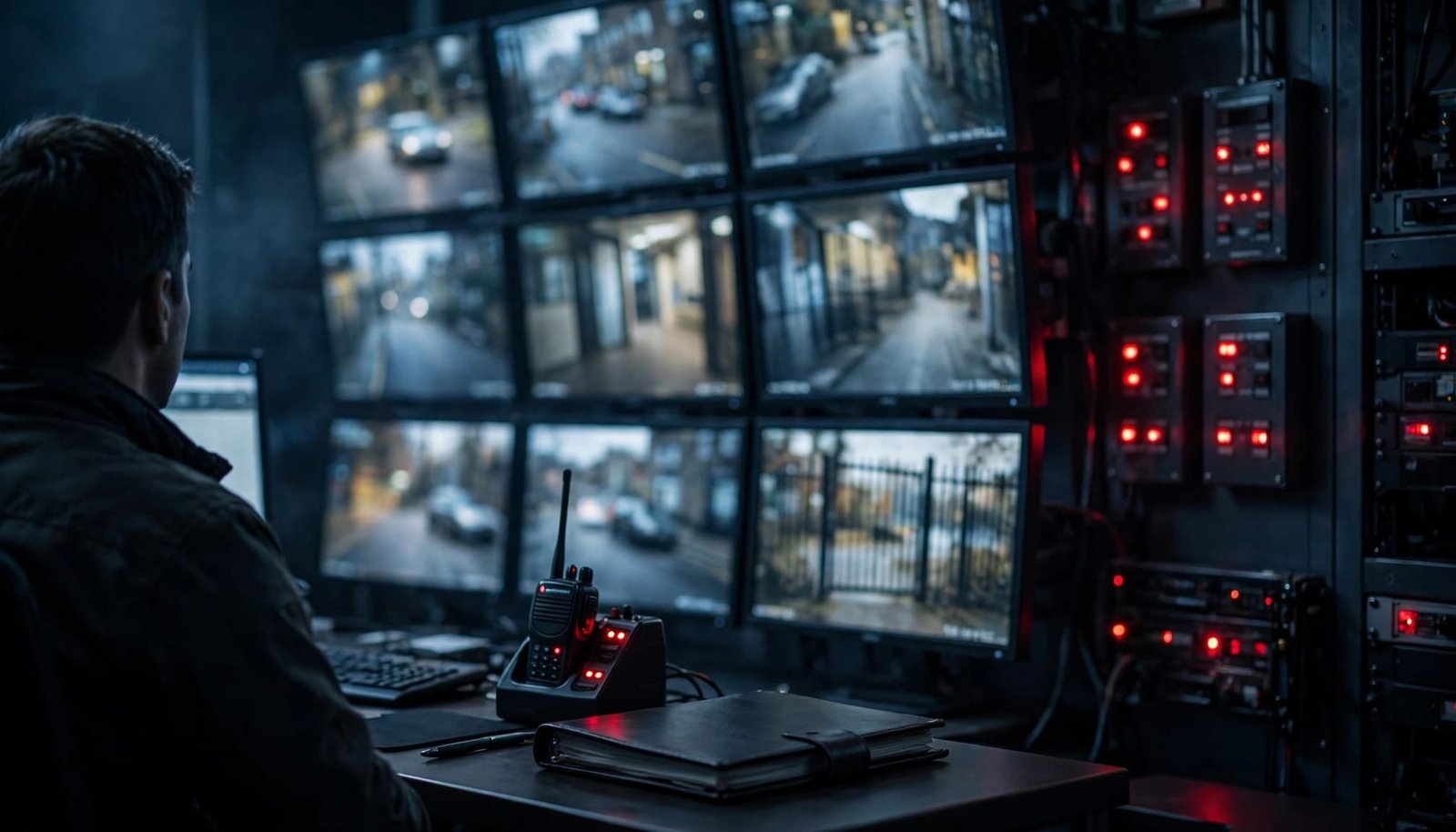 A security operator monitors abstract CCTV screens in a dim control room.