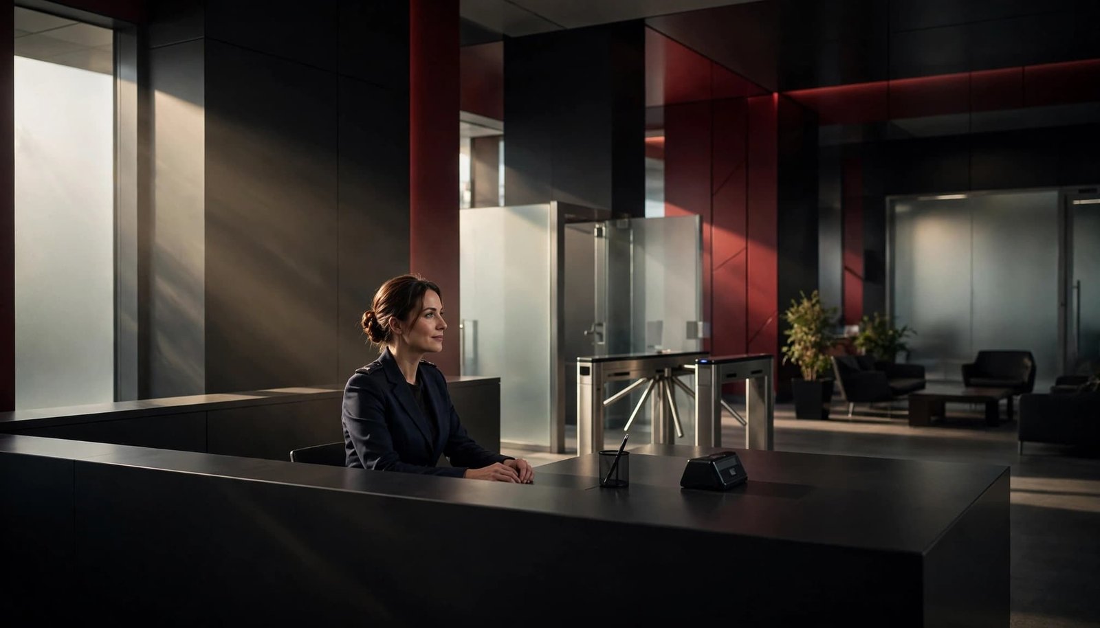 A receptionist sits at a security desk beside a turnstile in a modern office lobby.