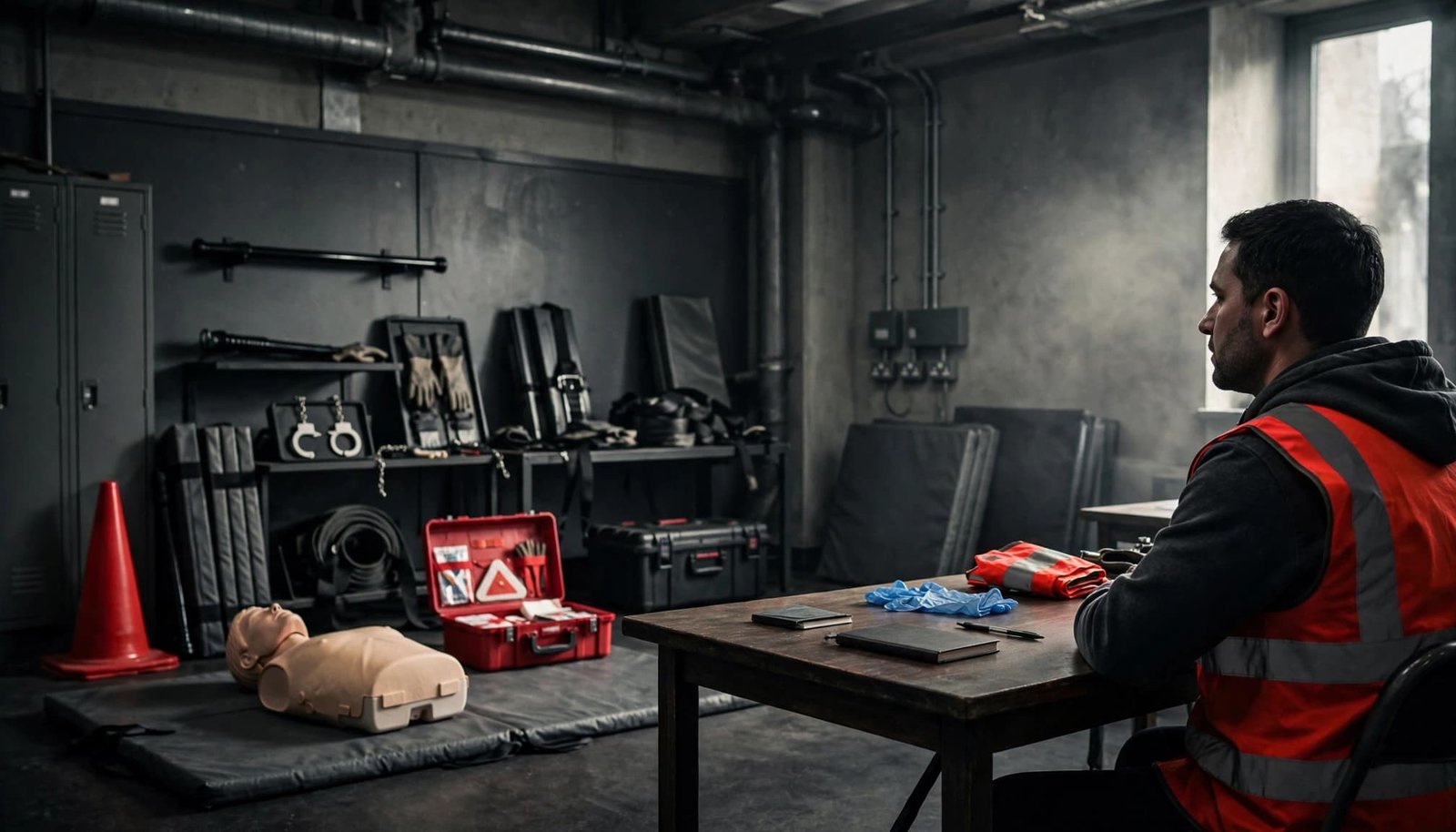 Trainee seated in a security classroom with first-aid equipment and training props behind them.