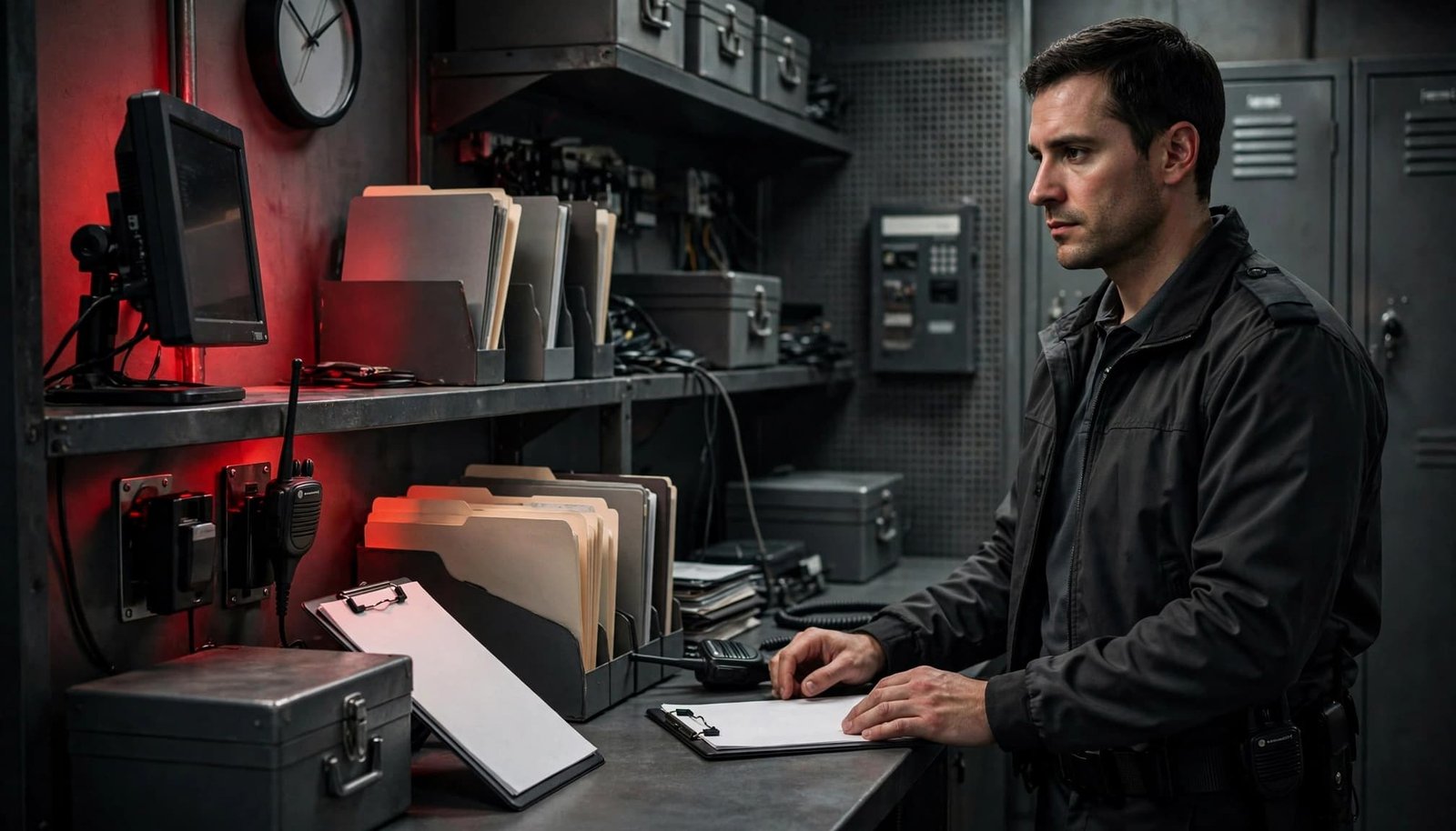 A security supervisor stands beside a clipboard, radio, monitor, and sealed evidence box.