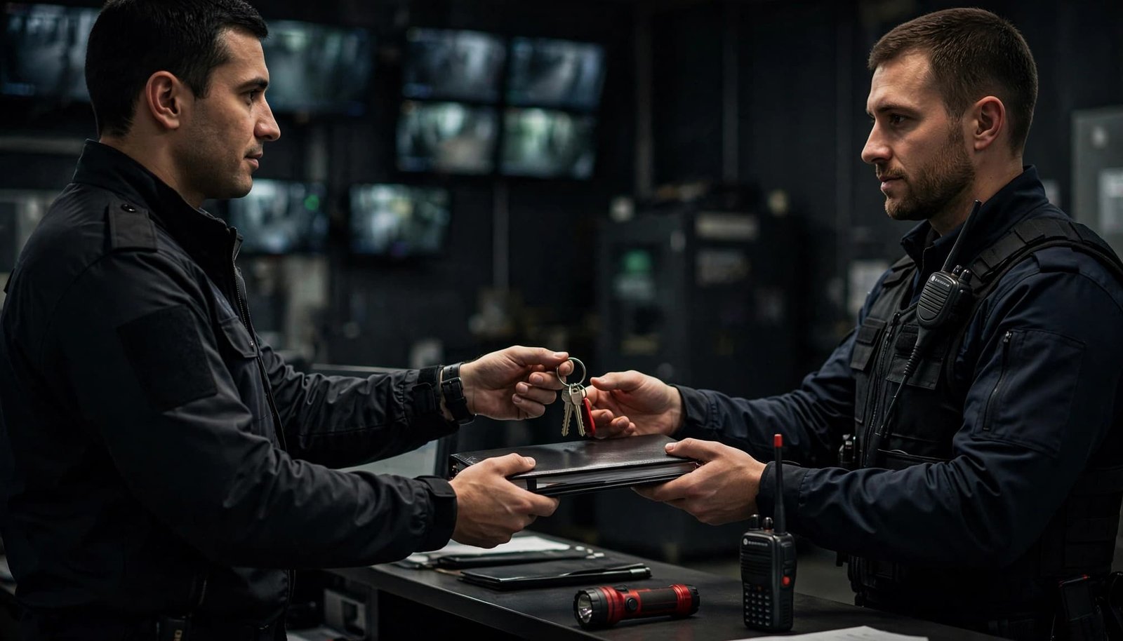 Two guards exchange a log book and keys at a reception desk.