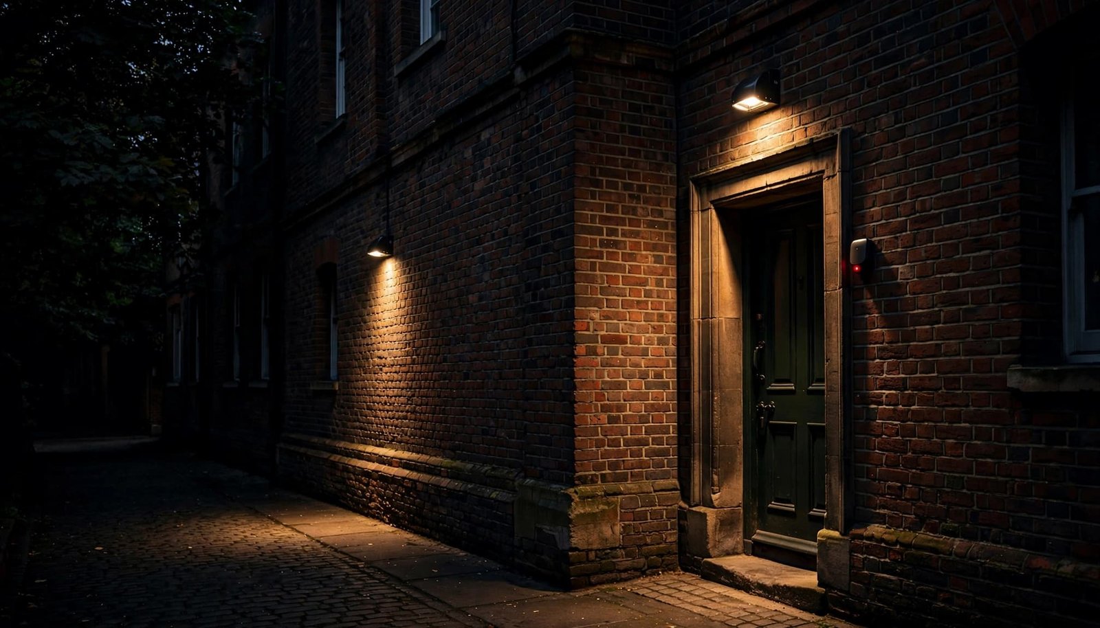 Two shielded lights illuminate a historic brick doorway without spilling onto nearby windows.