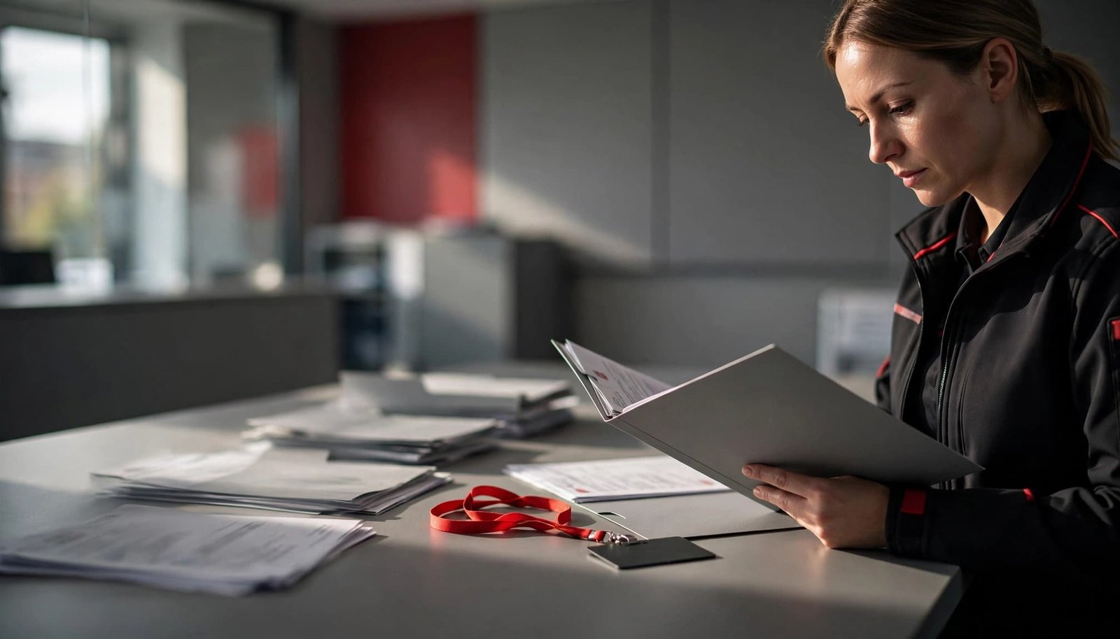 A security professional reviews licence documents at a modern training centre reception.