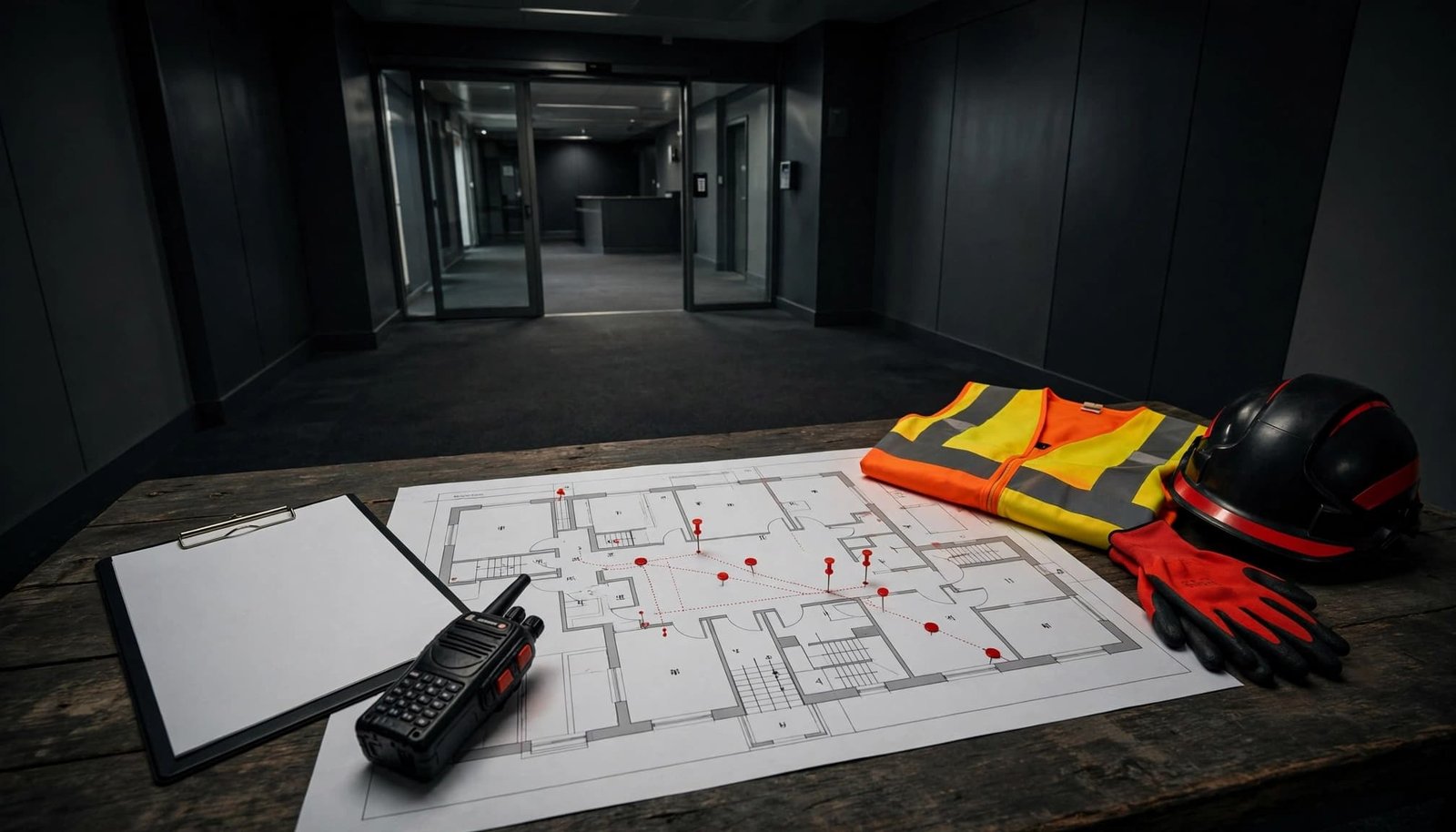 Security equipment and a floor plan sit beside an access-controlled commercial corridor.