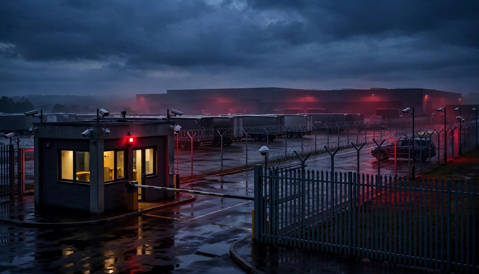 A fenced logistics centre entrance with trailers, cameras, and a patrol vehicle at dusk.