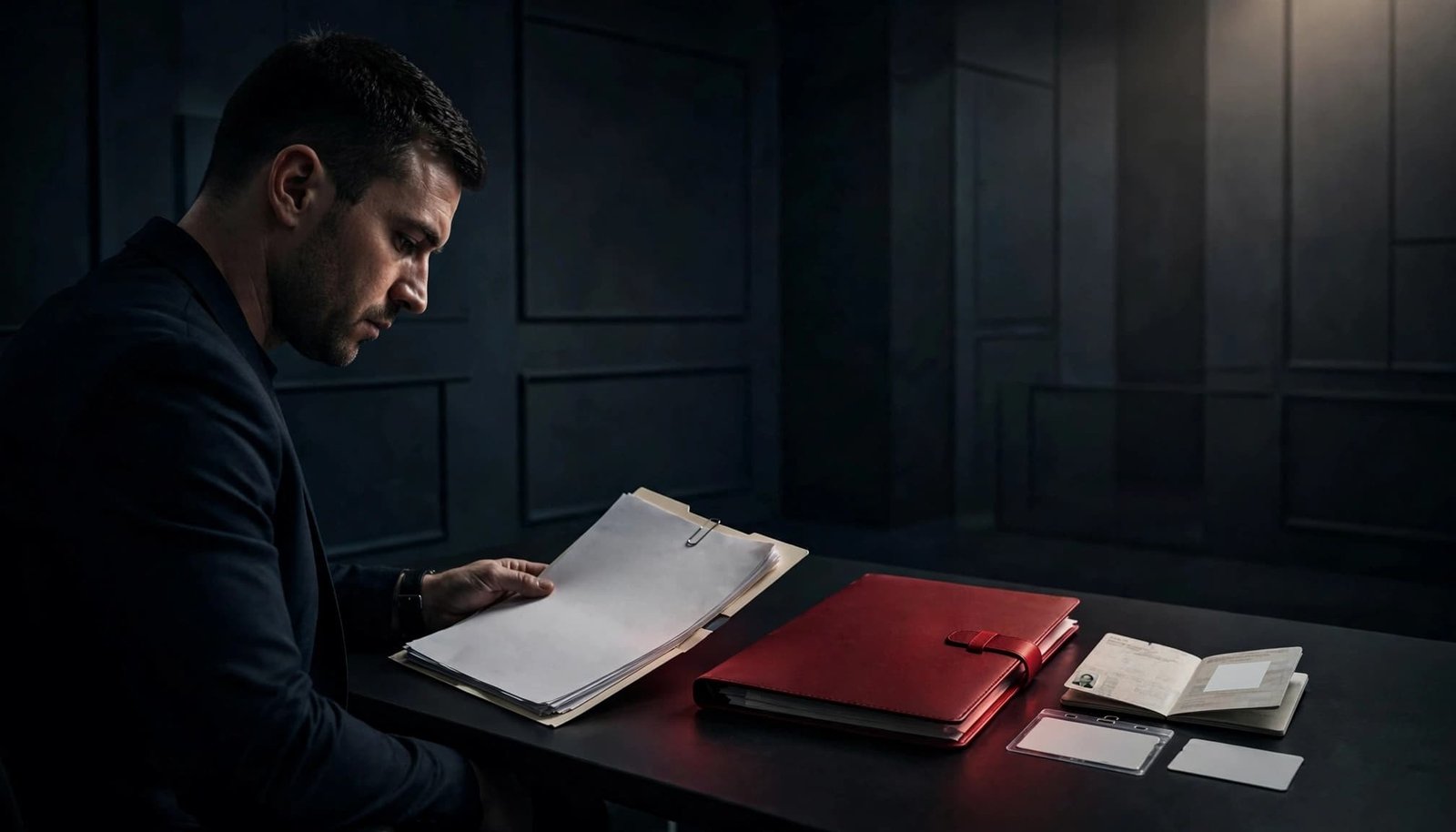 A compliance manager reviews personnel documents beside a secure folder in a dark office.