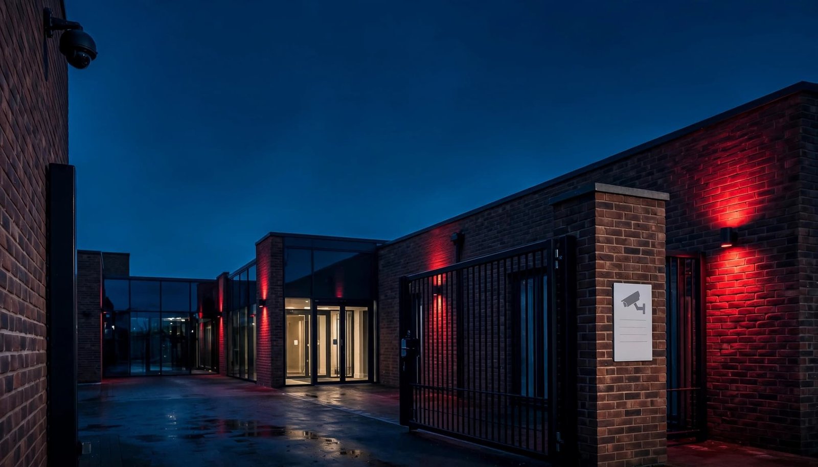 CCTV camera above a gated brick and glass property entrance at dusk.