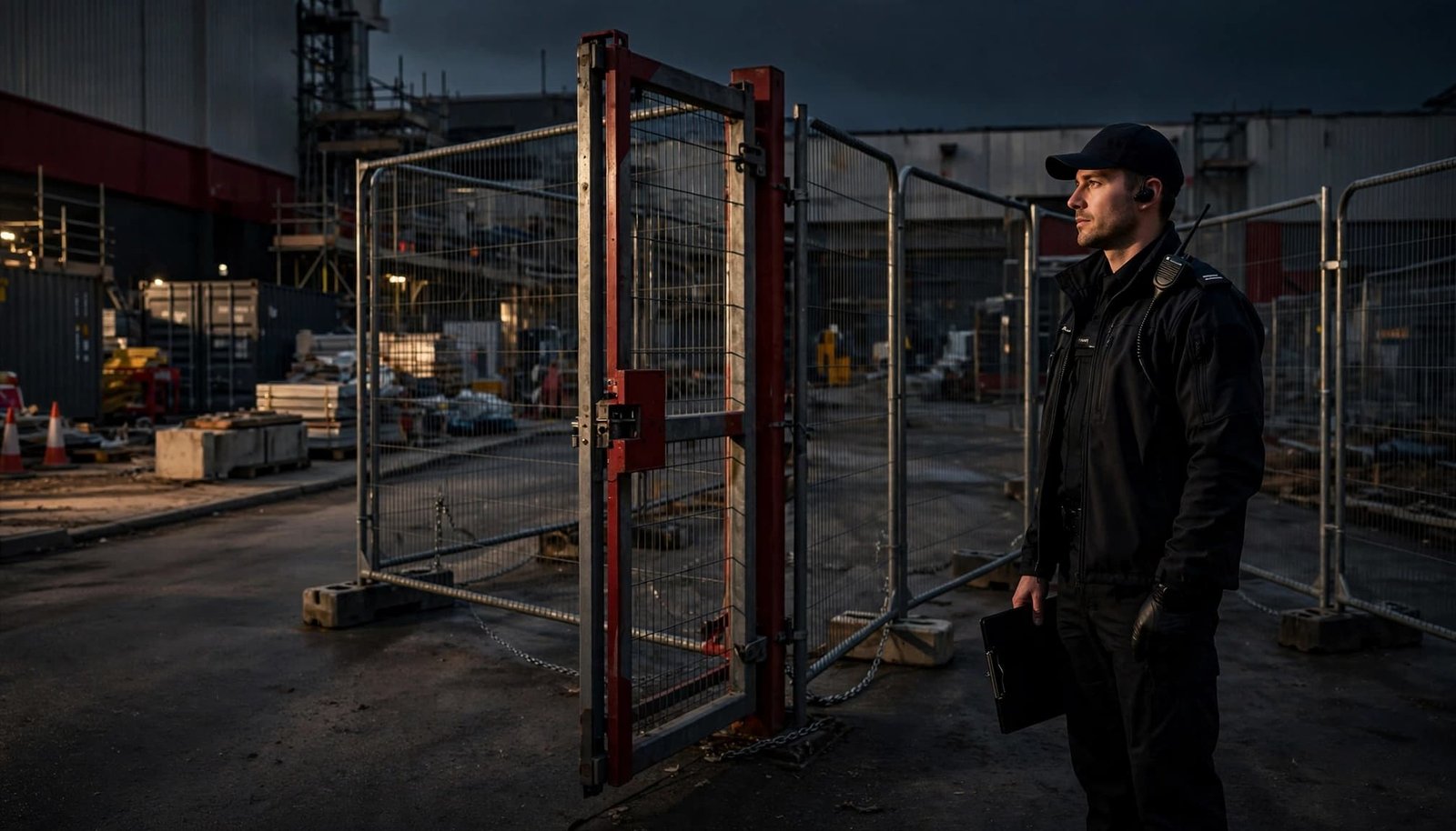 A security officer stands beside a fenced commercial site entrance with a clipboard.