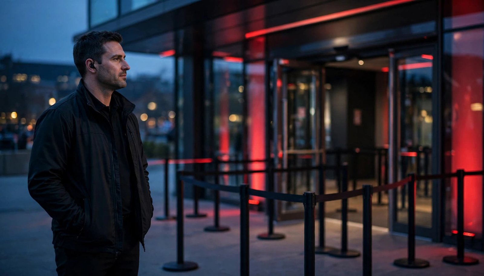 A door supervisor stands beside a venue entrance with red lighting and a blurred queue in the distance.
