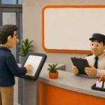 Visitor management system check-in workflow at a secure office reception