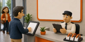 Visitor management system check-in workflow at a secure office reception