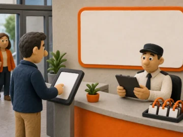 Visitor management system check-in workflow at a secure office reception
