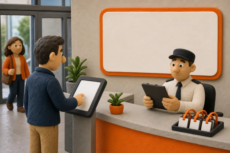 Visitor management system check-in workflow at a secure office reception