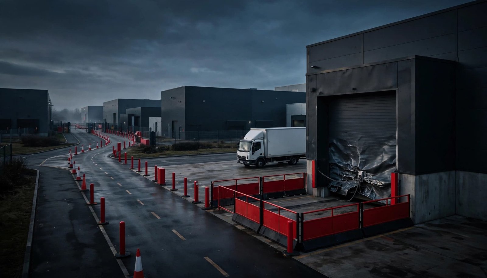 Damaged warehouse doorway beside barriers and a parked delivery vehicle.