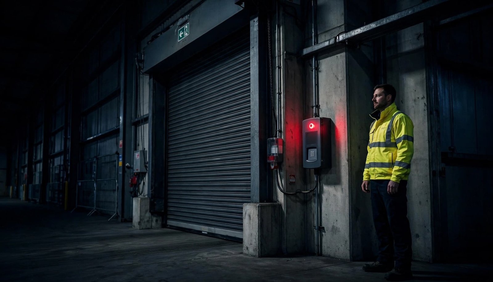 A facilities manager stands beside a warehouse loading bay and red-lit access panel.