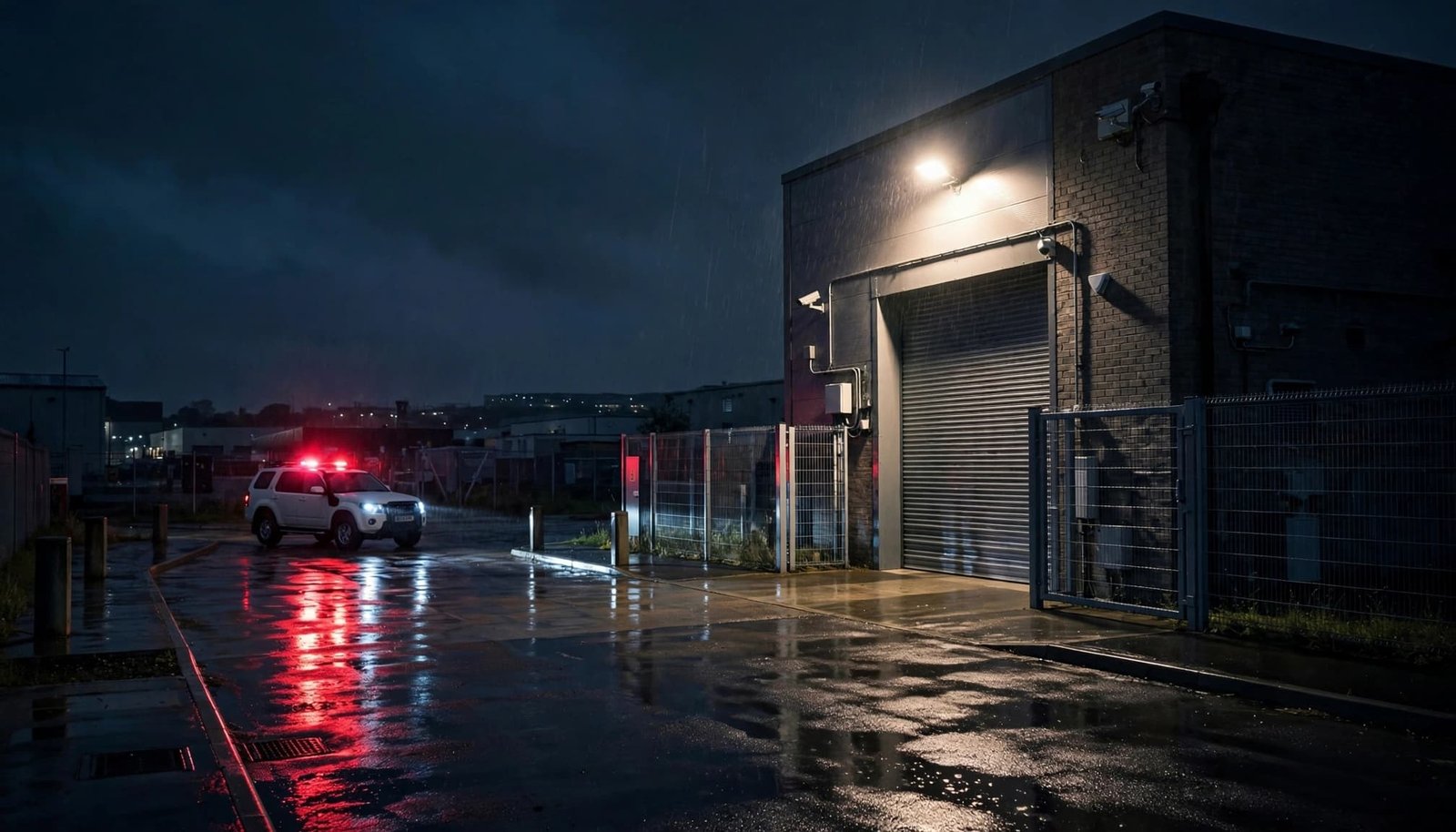 A security vehicle arrives beside a warehouse at night.