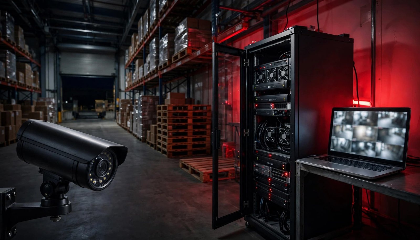 A warehouse camera overlooks recording equipment and a laptop showing blurred surveillance footage.
