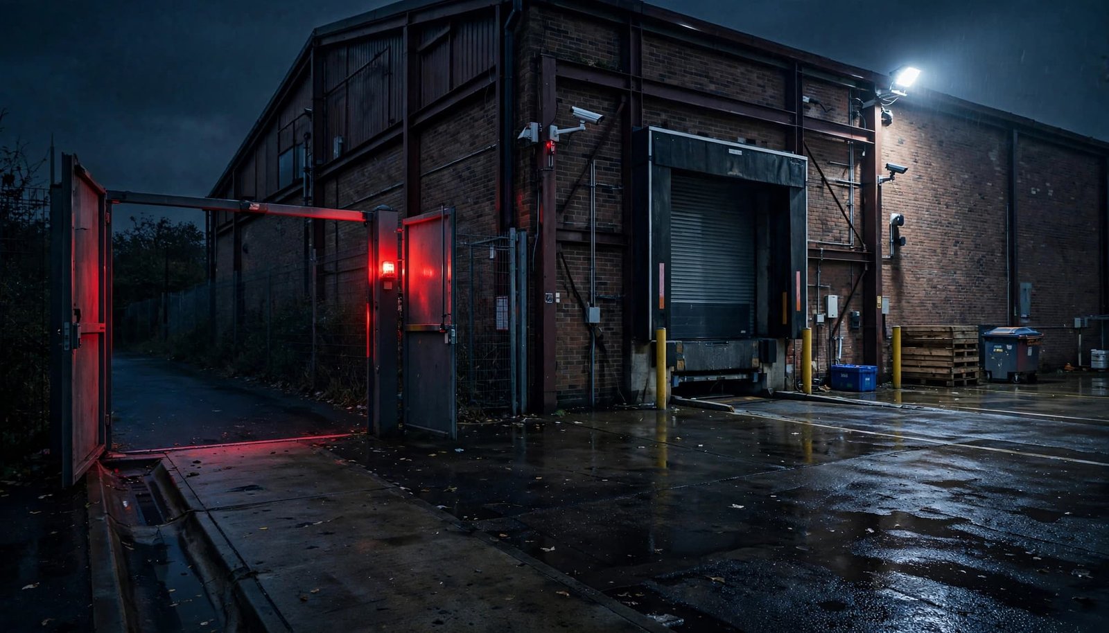 Open gate and misplaced security camera at a dark warehouse loading bay.