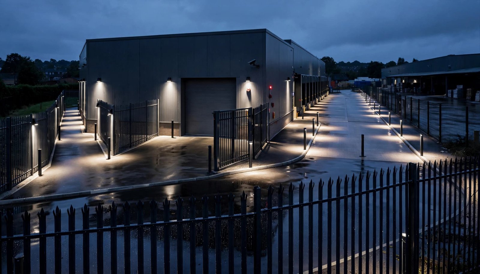 A fenced warehouse yard with security lights, wet paving, and one CCTV camera at dusk.