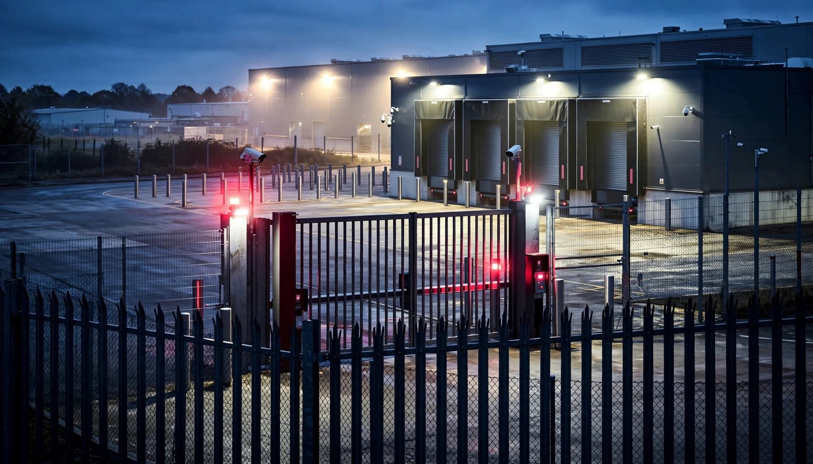 A fenced warehouse perimeter with a vehicle gate, roller doors, cameras, and bright lights at dusk.